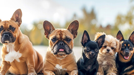 A charming lineup of five adorable dogs showcasing different breeds and expressions