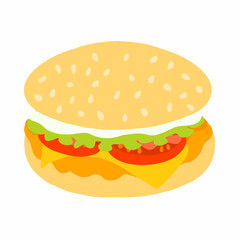 Big burger with chicken cutlet, fresh tomato, salad leaf, cheese and mayo sauce icon in cartoon flat style. Vector illustration isolated on white background. For menu, poster, infographic, restaurant.