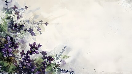 Dreamy Watercolor Violets and Moss Dissolving into Expansive White Background