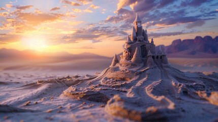 A magnificent sand castle stands tall on the beach, surrounded by the breathtaking natural...