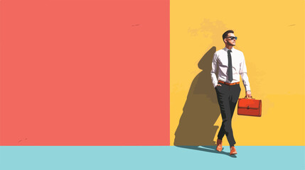 Handsome man with stylish briefcase near color wall Vector