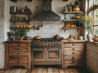 Intérieur campagnard et moderne avec cuisine en bois et plancher en chêne massif