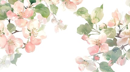 Whimsical Watercolor Apple Blossoms in Soft Pink and Green Tones on White Background