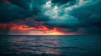 Evening sky with dramatic clouds over the sea. Dramatic sunset over the sea
