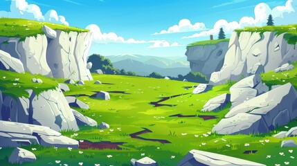 A summer landscape with meadows, chasms, and mountains, with white rocks, green grass, and cracks in the ground after an earthquake, modern cartoon illustration.