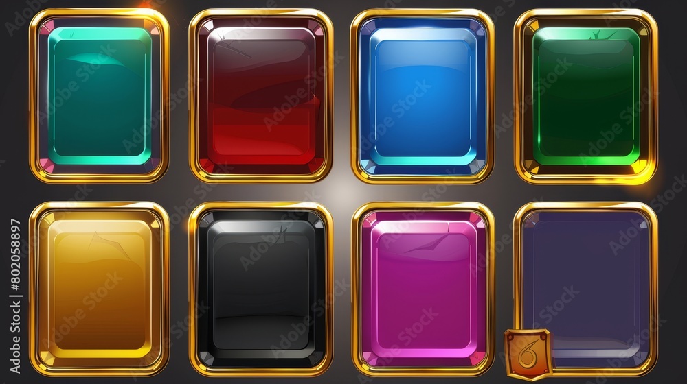 Poster decorative gold and color frames for game buttons. modern cartoon interface elements for apps, blank
