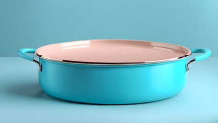 A blue and pink pot is sitting on a blue surface