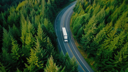 A lone truck travels a forest-lined highway, merging technology with nature's tranquility Generative AI