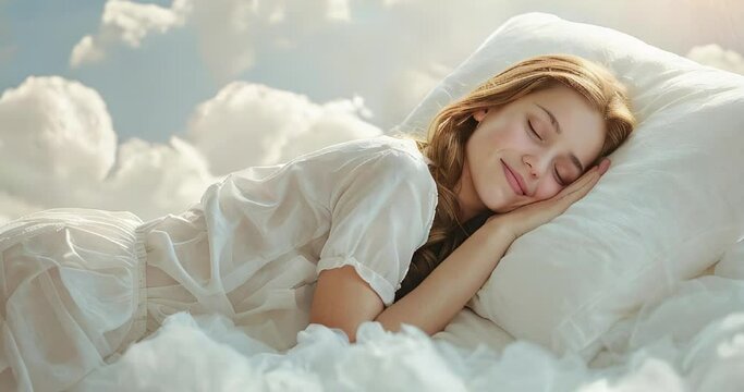 happy smiling young woman in pajamas sleeping on white clouds in the sky in sunlight