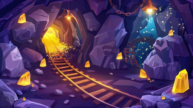 Illustration of gold mining rail in mountain treasure cave. Modern illustration of mysterious underground stone tunnel shining with yellow light and sparkles. Background for adventure computer game.