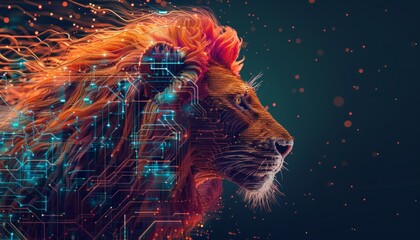 The shape of a lion head combines with a colourful electronic board, a powerful technology concept.
