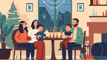 Happy family celebrating Hanukah at home Vector style