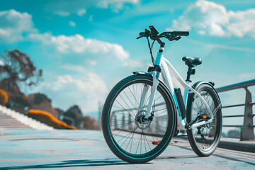 A modern e-bike on a city street, illustrating urban eco-friendly transportation, set against a clean mobility sky blue background