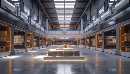 Obraz premium A futuristic technology retail warehouse that analyzes goods, cardboard boxes, and products delivery information in logistics and distribution centers using Industry 4.0 processes