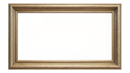 An empty wooden picture frame sits isolated on a white background