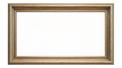 An empty wooden picture frame sits isolated on a white background