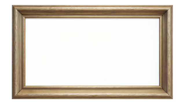 An empty wooden picture frame sits isolated on a white background