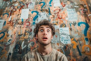 A man with a surprised expression is standing in front of a wall covered in numbers and letters....