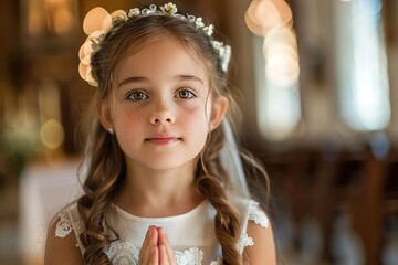 portrait beautiful little girl with long hair dressed for her first communion prays with blurred church background