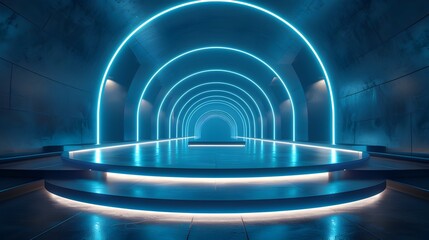 Naklejka premium Futuristic Dark Podium and Luminous Corridor with Reflective Geometric Backdrop