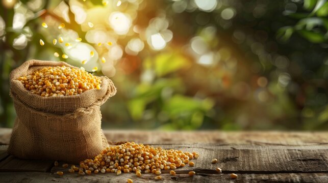 Corn seed harvest in jute sack back on wooden table with blurry crop farm background,&nbsp;Corn plant for product consume