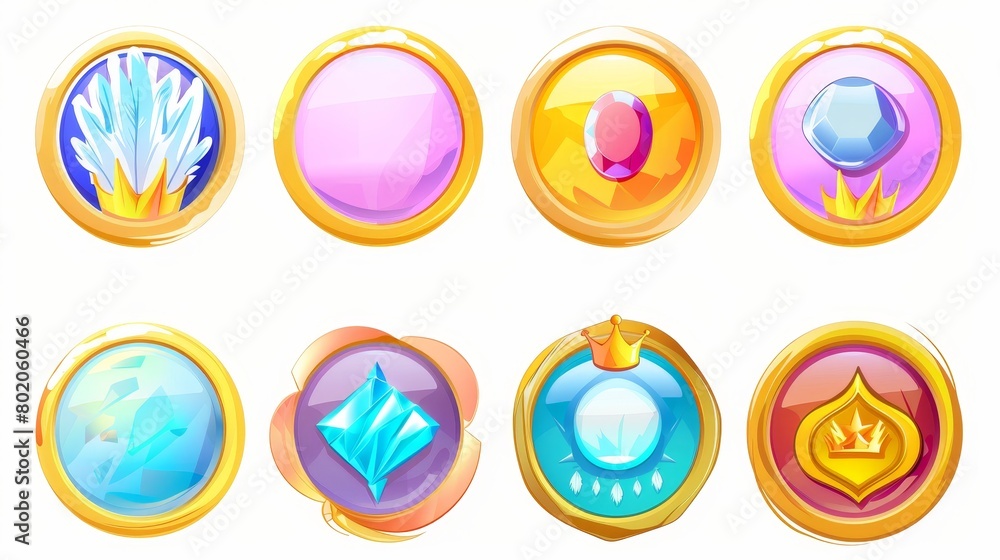 Poster in game interface, futuristic cartoon frames with feathers and crowns, empty circle frames with glos