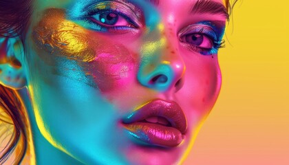 Beautiful woman with creative colorful makeup. Girl with vivid face art. Fashion or cosmetics concept. Illustration for cover, postcard, interior design or print.