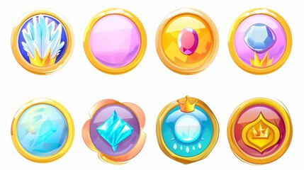In game interface, futuristic cartoon frames with feathers and crowns, empty circle frames with glossy gold, silver, purple and blue borders.