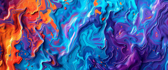Cascades of electric blue and fiery orange blend seamlessly with streaks of violet and coral, forming an intricate mosaic of color.