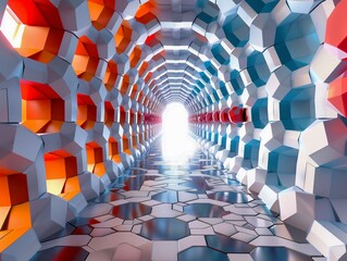 Futuristic hallway with geometric colorful shapes