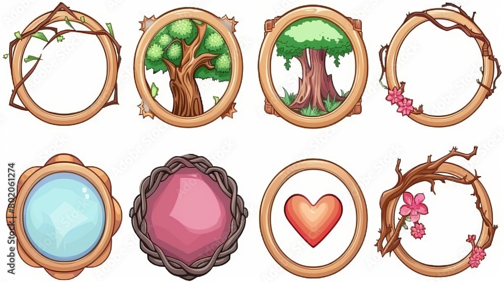 Poster graphic graphics with cartoon circular borders, isolated graphic gui elements. fantasy circles with 