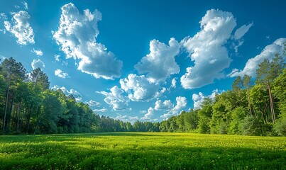 Obraz premium A serene landscape with green trees stretching toward the open sky and scattered white clouds