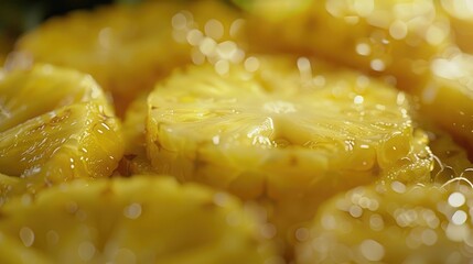 A close-up shot of a freshly sliced pineapple, showcasing its juicy texture and vibrant yellow color on International Pineapple Day.