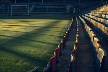 Naklejka premium A serene moment in an empty football stadium at dawn, the morning light casting long shadows over the seating