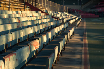 A serene moment in an empty football stadium at dawn, the morning light casting long shadows over the seating 