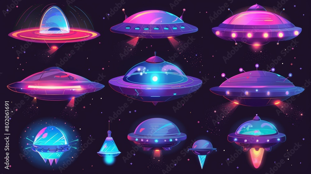 Poster a flying saucer animation sprite sheet effect. alien spaceship sequence frame, a disk bearing light 