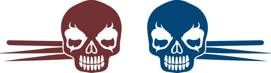 Two red and blue skull with three white stripes on each side.