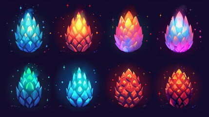 This is a cartoon dragon egg with glowing sparkles and mysterious haze. Reptile and dinosaur game assets. Magic colorful textured shell graphics.