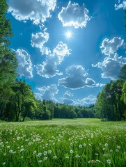 Obraz premium A serene landscape with green trees stretching toward the open sky and scattered white clouds