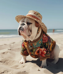 Cute dog wearing stylish fashionable clothes and sunglasses at the beach	