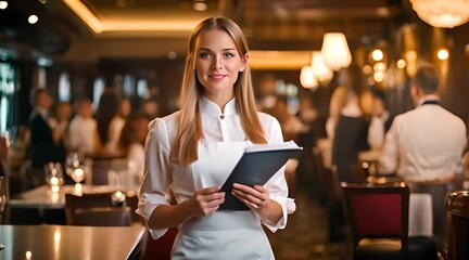 Attentive Waitress Serving Menu in a Blurred Background. Elegant Restaurant Interior with Inviting Ambiance. 