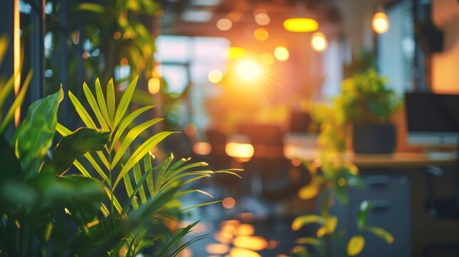 Green, sustainable and environmental office space with daily employee rush. Modern and nature friendly startup business with ESG standards and care for worker wellness and healthy environment - Powered by Adobe