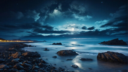 Immersive 4K Realism: Midnight Sky, Majestic Mountains, and Boundless Ocean with Illuminating Full Moon, ai generated