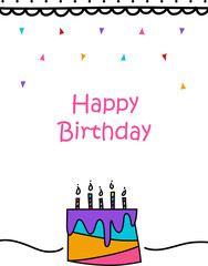 Happy birthday card with cake and confetti on colorful background. Vector illustration.