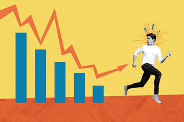 Business concept photo collage poster of young investor scared running away from decreasing sales on market isolated over beige background