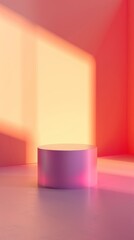 A round object is positioned on a white floor, creating a simple yet striking composition. Background. Wallpaper. Product podium. Neon colors. Copy space.