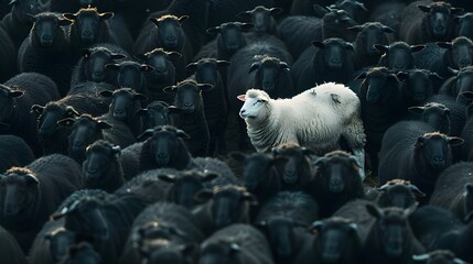 Fototapeta premium Sheep Herd in the Field. A group of sheep looking directly at the camera in a natural setting.