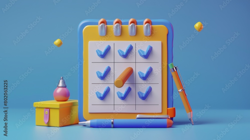 Poster this is a 3d illustration of a diary with checkmarks and a pen. the diary displays blue ticks denoti