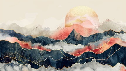 Mountain background vector. Minimal landscape art with watercolor brush and golden line art texture. Abstract art wallpaper for prints, Art Decoration, wall arts and canvas prints