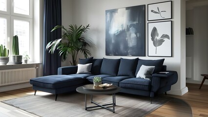 Scandinavian apartment with dark blue sofa recliner in modern living room. Concept Scandinavian Design, Dark Blue Sofa, Modern Living Room, Interior Decor, Recliner